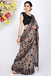 Beige Blue Moonga Silk Saree - Silk Mark Certified